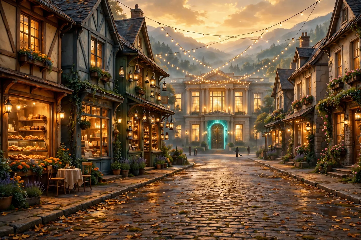 The town of Daybreak at golden hour, the studio at the head of Main Street