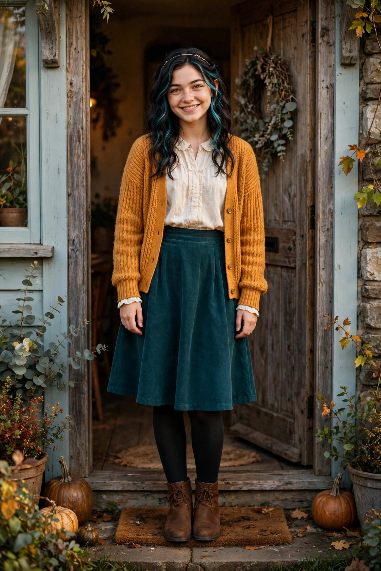 Nova at her cottage door in her daily look: mustard cardigan, cream blouse, teal skirt, ankle boots, pumpkins by the step