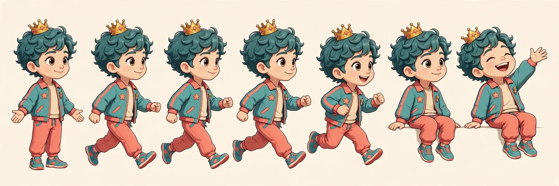 Koda the Crowned Host — first-steps sprite sheet: idle, a four-frame walk, a perch, and a wave