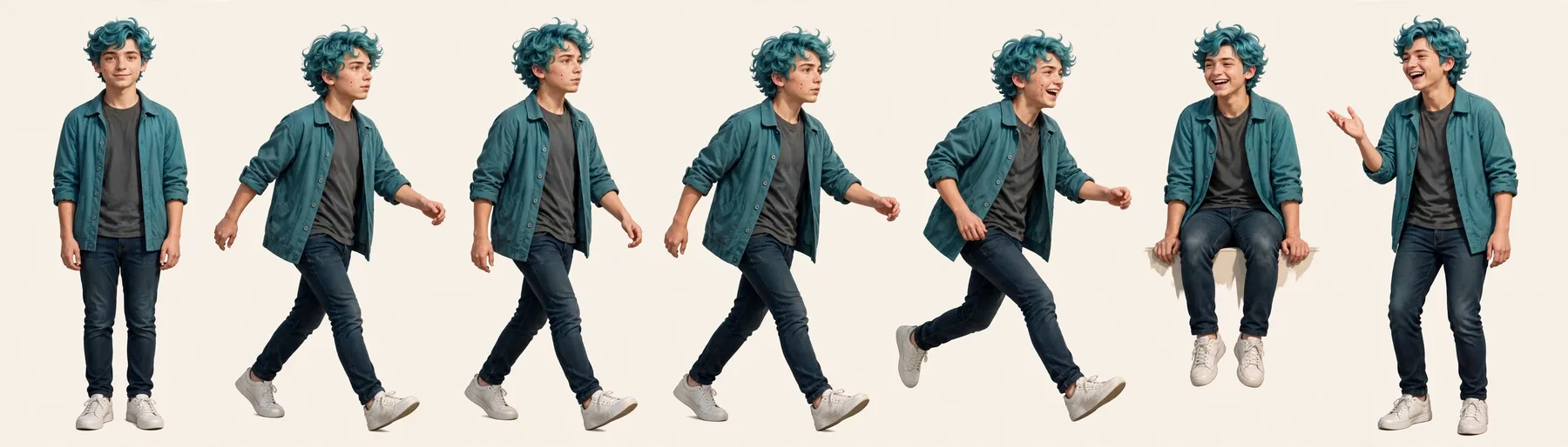 The real Koda — first sprite sheet: standing, walking, perched on an edge, and laughing