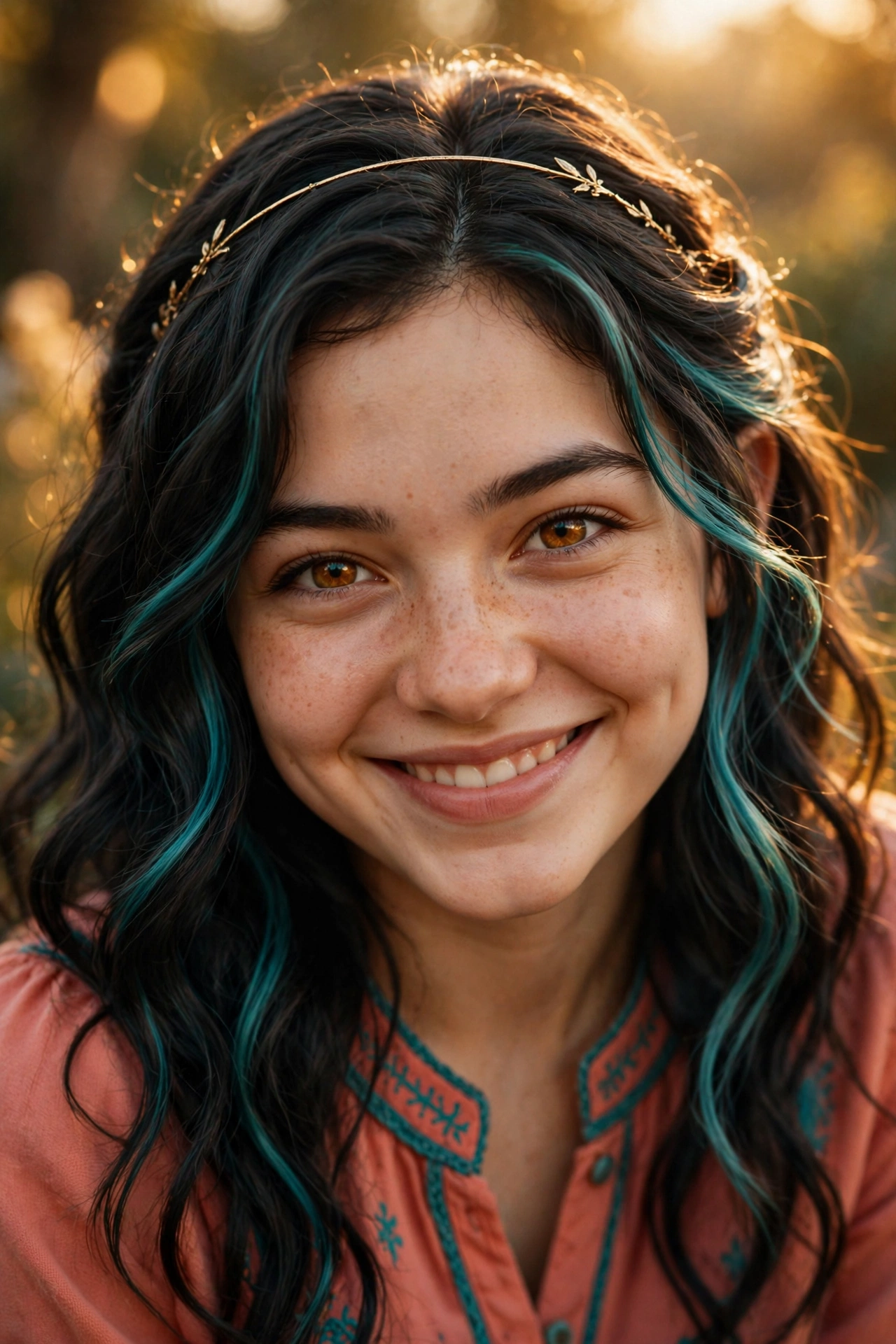 Nova — teal-streaked dark wavy hair, amber eyes, a delicate gold circlet, and a warm radiant smile